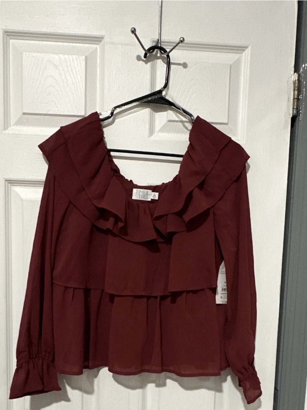 Time and Tru Burgundy Ruffle-Tiered Long Sleeve Dress